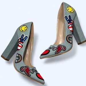Size 6.5 Blue Jean Denim Red Heart ♥️ 🌈 Patch Pointed Closed Toe Block Heels